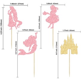 Ephlyn 24Pcs Mermaid Princess Cupcake Toppers Glitter Princess Castle Girl Birthday Cupcake Picks for Princess Mermaid Theme Baby Shower Girl Birthday Party Supplies Pink