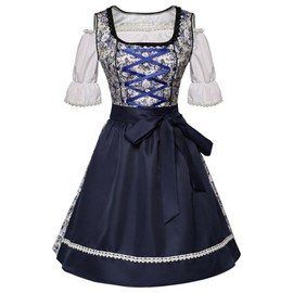 HAPNBCELE Women's modern German Bavarian belted dress with floral embroidery for Oktoberfest costumes for festivals and parties(Blue floral,L)
