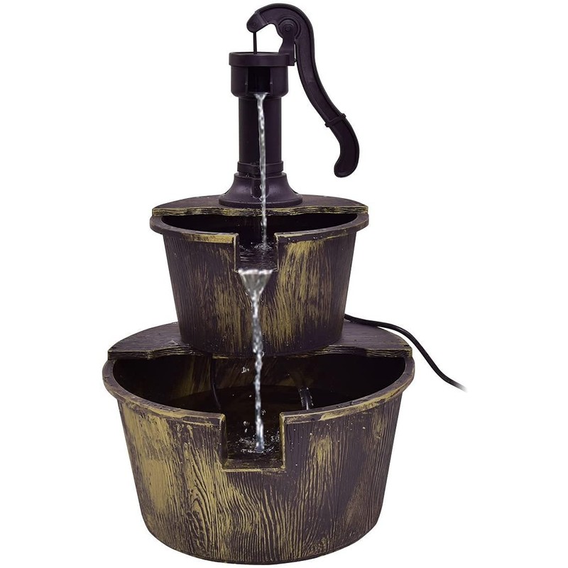 Squareful 2-Tier Outdoor Water Fountain, Rustic Patio Decor w/Hand Pump,