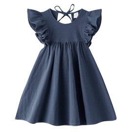 Dutebare Toddler Cotton Linen Dress Baby Girl Ruffle Sleeve Halter Kids Casual Summer Dresses Navy Blue 100
