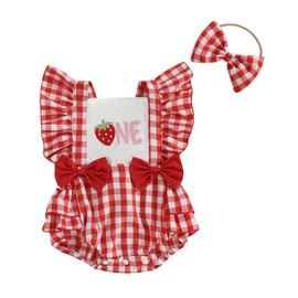 Fuethsuy Infant Baby Girl Summer Outfit Strawberry One Embroidery Bubble Romper Plaid Square Neck Bodysuit Headband Clothes (Red, 6-12 Months)
