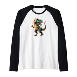 Dancing Tyrannosaurus Rex with Headphone Raglan Baseball Tee