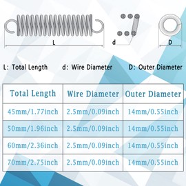 Metal Dual Hook Tension Spring,Strong Tension Spring,Wire Diameter 2.5mm, Outer Diameter 14mm, Total Length 50mm(2pcs)