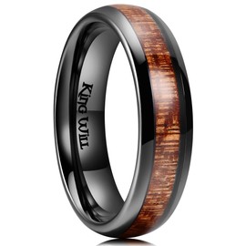 King Will NATURE 6mm Black Domed Koa Wood Ceramic Ring Wedding Band Polished Finish Comfort Fit 9.5