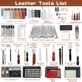 TLKKUE Leather Tooling Kit Leather Craft Tools Leatherworking Kit with Custom Handbag Cutting Mats Engraving Punching Sewing Stamping Sanding Tools for Handicraft Work Professional