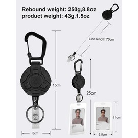 pullther 2 Pack Retractable Keychain, Durable Extendable Carabiner Badge Holder, Tactical ID Badge Reel with Retractable, 70cm/27.5 Inch Steel Cord, 250g/8.8 oz