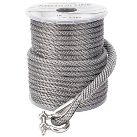 MARINE SYSTEM Made 3/8 Inch 50FT 100FT 150FT Premium Solid Braid MFP Black Gray Anchor Line Braided Anchor Rope/Line with Stainless Steel Thimble and Shackle (3/8" x50' Gray)