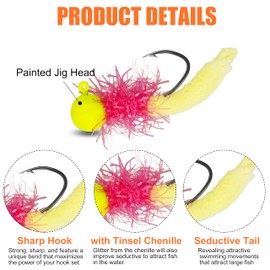 Crappie Jigs Fishing Lures Kit, Marabou Jig Heads with Hand-Tied Maggot Tail Fishing Hair Jigs for Panfish Sunfish Walleye 25pcs 1/8oz