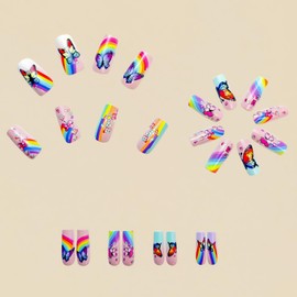 24Pcs Butterfly Press on Nails Medium Coffin Fake Nails Cute Little Spring Floral False Nails Colorful Rainbow Full Cover Stick on Nails Blue Gradient French Tip Square Glue on Nails for Manicure DIY