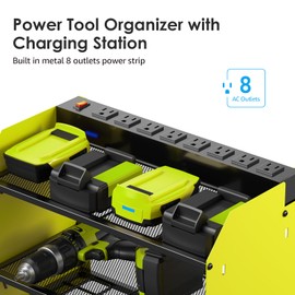 CCCEI Modular Power Tool Organizer Wall Mount Charging Station, Green 6 Drills Holder with 8 Plug Power Strip 6FT, Garage Drill Battery Heavy Duty Metal Shelf, Utility Rack with Hooks, Side Storage.