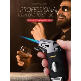 Butane Torch Lighter with V Cutter, Windproof Jet Flame Lighter Torch Refill, Adjustable Refillable Butane Lighter Gifts for Men, with Fuel Window, Butane not Include