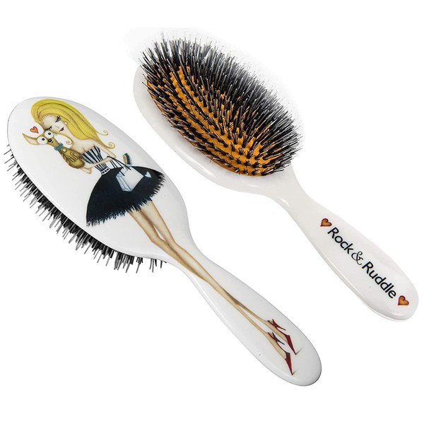 Rock & Ruddle Natural Mixed Bristle Hair Brush for Women and Kids (Large 8.3") - Perfect for Wet or Dry Hair, Detangling Smoothing Blowdrying - Designed & Made in UK - Miss Daisy Evening Design