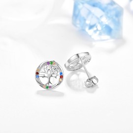 TANGPOET Tree of Life Earrings 925 Sterling Silver Round Tree of Life Multicoloured Stud Earrings Jewellery Gifts for Women Ladies Girls, Sterling Silver, Cubic Zirconia