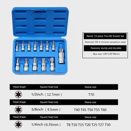 Profiwoab 13pcs Torx Bit Sets T50, T8-T70, 1/2", 3/8", 1/4" Torque Socket Set for Hand Use with Storage Case