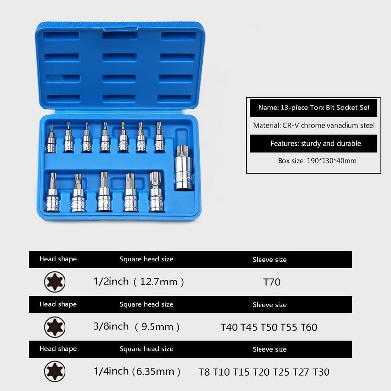 Profiwoab 13pcs Torx Bit Sets T50, T8-T70, 1/2", 3/8", 1/4"