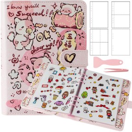 Reusable Sticker Book Collecting,A5 Binder Album Sticker Storage Organizer with Blank Release Paper and Pocket for Adult Kids,Cartoon Leather Binder Cover & Magnetic Buckle Closure(Pink)