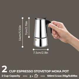 2 Cup 100ml Moka Pot Stainless Steel Espresso Coffee Maker Stovetop Percolator Coffeemaker Italian Classic Style Brewing Greca Cafe Mocha Machine for Cafeteras Lover Camping Travel and Home Use 3.3oz