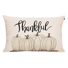 GTEXT Fall Throw Pillow Cover Autumn Decor Thankful with White Pumpkins Pillow Cover 20x12 inch Outdoor Pillow Linen Square Pillow Cover for Cushion,Sofa Fall Pillow Cover