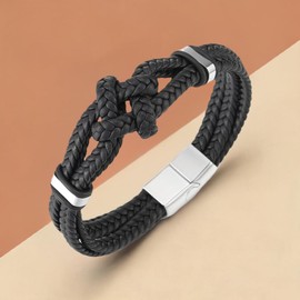COOLSTEELANDBEYOND Black Braided Leather Bracelet, Friendship Bracelets, Nautical Knot Men's Sweatband, Stainless Steel Clasp, Black leather, No gemstone