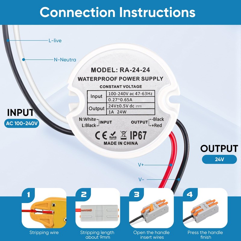 MujHoJm Waterproof IP67 LED Driver 24 Watts, LED Power Supply
