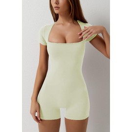 Women's Short Sleeve Bodycon Romper Stretchy Square Neck Sexy Unitard Jumpsuit