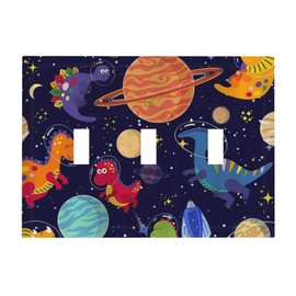 Navy Blue Cute Cartoon Dino Dinosaur Decorative 3 Gang Toggle Light Switch Covere Plate Kids Universe Galaxy Outer Space Planet Nebula Boy Electrical Outlet Switch Face Wall Plate Cover Jumbo Size