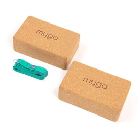 Myga Cork Yoga Blocks & Strap Set - 2 Natural Cork Bricks and Metal D Ring Belt for Yoga, Pilates and Fitness - Support and Deepen Poses, Non-Slip and Eco-Friendly for Home & Gym - Turquoise