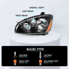 TUSDAR Headlight Assembly Set for 2005/2006 Nissan Altima 4-Door Sedan Halogen Headlamp Driver and Passenger Side (Black Housing with Amber Reflector)