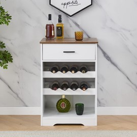 Rainbow Tree White Wine Cabinet for 8 Bottles, White Sideboard with Dual Bottle Racks, Storage Wine Rack with Drawer Wooden Display Shelf Freestanding