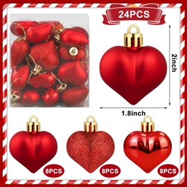 24 PCS Heart Shaped Ornament for Christmas Tree Red Heart Hanging Ornament Multi Finish Hearts Plastic Baubles Xmas Tree Hanging Decoration for Valentines Mother's Day Wedding Anniversary Party Decor