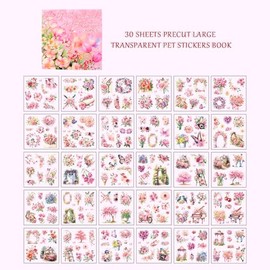 Dwpetzo 30 Sheets Precut Pink Garden Landscape Stickers Book for Junk Journal Supplies, Transparent PET Stickers for Journaling, Scrapbooking, Bujo, Collage, Card Making