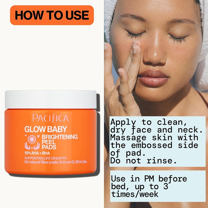Pacifica Glow Baby 10% AHA/BHA almohadillas de pelar iluminadoras, blanco,