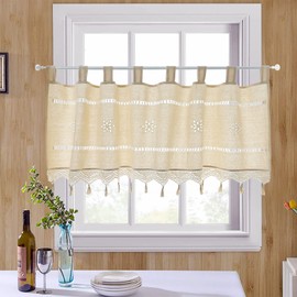 Chocolehot Vintage Coffee Curtain, Cotton Linen Short Curtain, Crochet Kitchen Curtains, with Bows, Country House Style Curtains, Home Decoration for Kitchen Bistro, Curtain 45 x 150 cm (H x W)