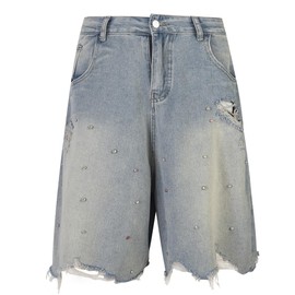 ELKNLMU Streetwear Ripped Denim Shorts Men Women Rhinestone Jean Shorts Fashion Casual Knee Length Shorts (Medium)