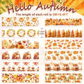 Whaline 12 Rolls Fall Floral Washi Tape Watercolor Pumpkin Maple Leaves Washi Tape Autumn Decorative Masking Tape for Thanksgiving Harvest Scrapbook Journal DIY Art Craft Gift Wrapping