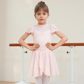 Dmwhsy 2 Pack Ballet Dress for Girls, Short Sleeve Gymnastics Costume with Chiffon Dance Skirts with Elastic Waistband, Children's Ballet Dance Clothing Set, pink