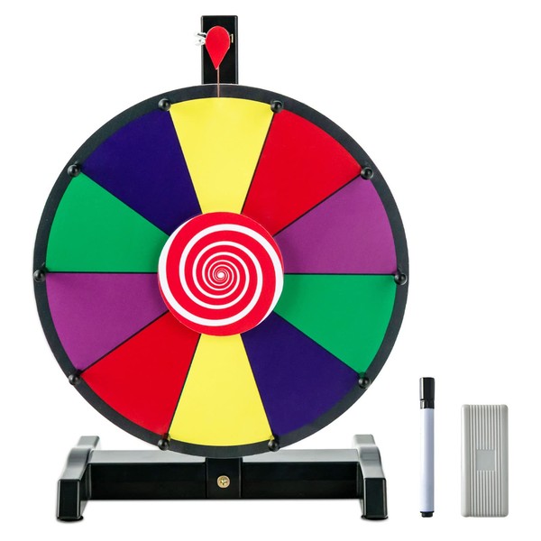 COSTWAY 12"/15" Color Prize Wheel, 10/12 Slots Roulette Spinning Game with Dry Erase Marker and Eraser, Tabletop Win the Fortune Spinner for Party Carnival Tradeshow (12")