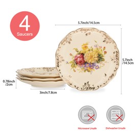 YOLIFE Ivory Vintage Floral Tea Saucers Set of 4, 5.8 inch with Gold Leaves Trim – Beautiful Porcelain Tea Plates for Cups, Ideal for Tea Parties