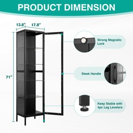 Black China Cabinet with Glass Doors - Curio Cabinet Bookcase with 5 Shelves, Locking Display Case for Collectibles - Living Room, Bedroom