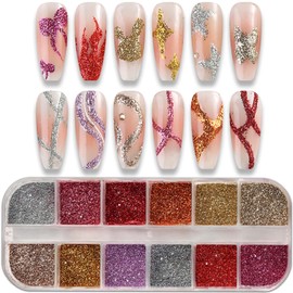 12 Grid Glitter Nail Powder Sparkling Nail Glitter Dust Shining Flakes Gold Silver Pink Red Purple Design Nail Glitter for Women Acrylic DIY Manicure Art Supplies Decoration