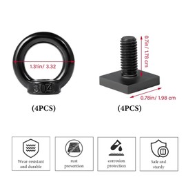 T Track Mount Tie Down Eyelet, 4 Pack Stainless Steel T Bolt Eye Nut Tie Down Rings, M8 Eye Nuts for Holding Bungee Cord, Ropes, Hooks, Anchoring Kit for Tie Down Straps (Black)