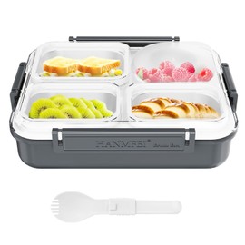 HANMFEI Edelstahl-Bento-Box, 1150 ml, Lunchbox für Erwachsene, 4 Fächer, Lunchbox für Kinder und Erwachsene (Grau, Edelstahl)
