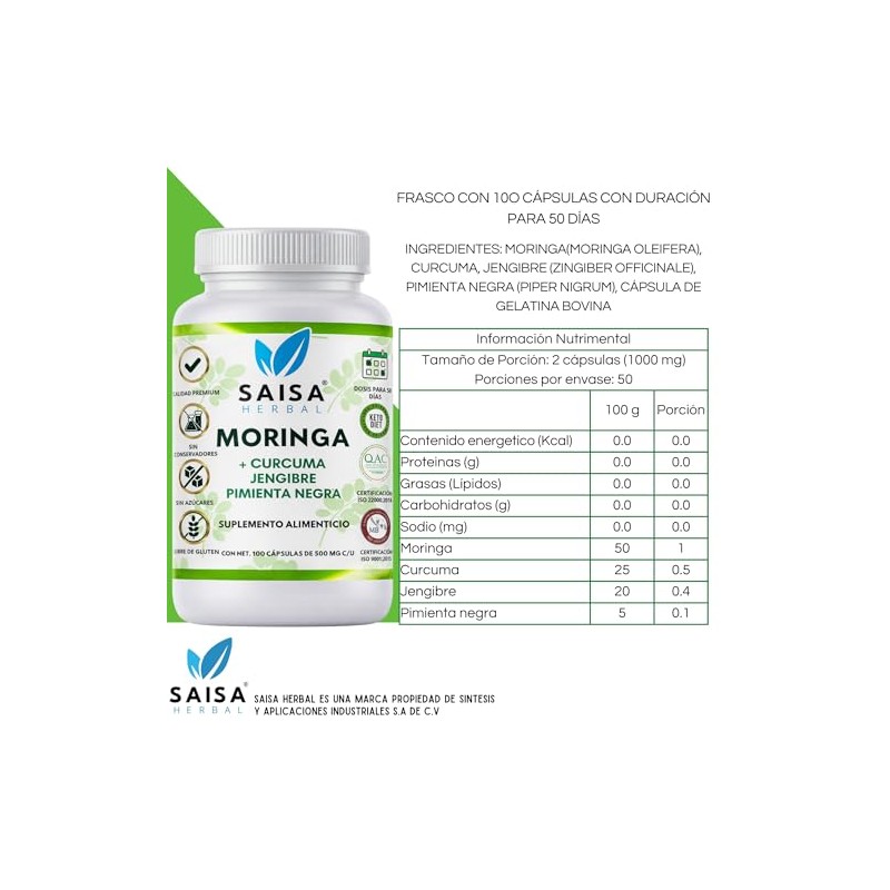 Moringa con Cúrcuma y Pimienta Negra Suplemento Alimenticio 100 Cápsulas