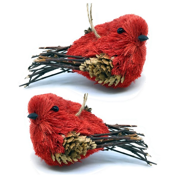 Red Cardinal Sisal Bird Ornaments Christmas Tree Decorations - Set