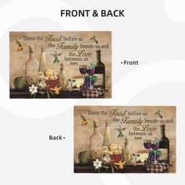 Vintage Wine Placemats Set of 4 Farmhouse Wine Glass Imitation Linen Placemat Heat Resistant Dining Blessed Christian Table Place Mats Hummingbird Plate Mats for Kitchen Indoor Restaurant 12''x18''