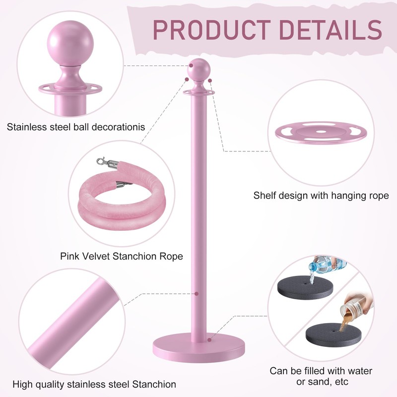 kaiyomi 4Pcs Stanchions with Pink Velvet Ropes Set, 5 Feet