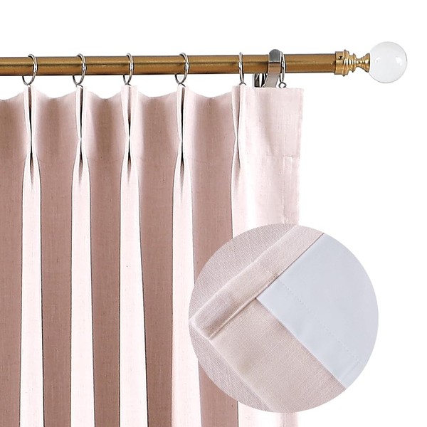 9FT Soft Pink Pinch Pleated Full Blackout Curtains Linen Blend