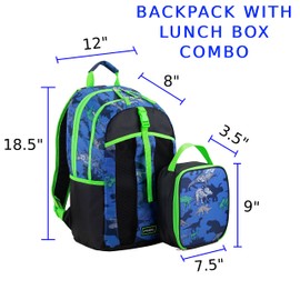 FUEL Teens Student Water Resistant Backpack Set Lunch Bookbag Bag Soft Reusable Insulated Cooler Lunch Box Thermal Travel Office Lunch Bag, Dinosaur Blue