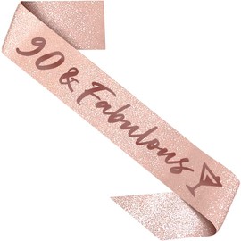 PartyForever 90th Birthday Sash 90 and Fabulous Decorations for Her Made of Rose Gold Glitter Fabric with Black Letters for Women