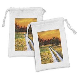 Ambesonne Landscape Fabric Pouch Set of 2, Driving Path to Olive Gardens Orange Sunset Meadow Fields, Small Drawstring Bag for Toiletries Masks and Favors, 9" x 6", Marigold Dark Rust